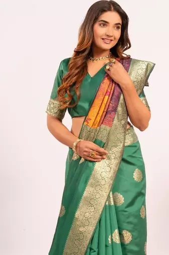 Perrot green color silk blend resham weaves sarees
