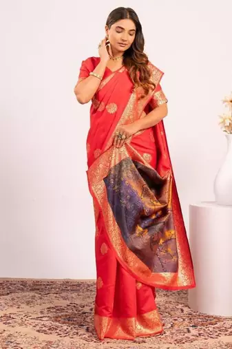 Red color silk blend resham weaves sarees