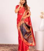 Red color silk blend resham weaves sarees