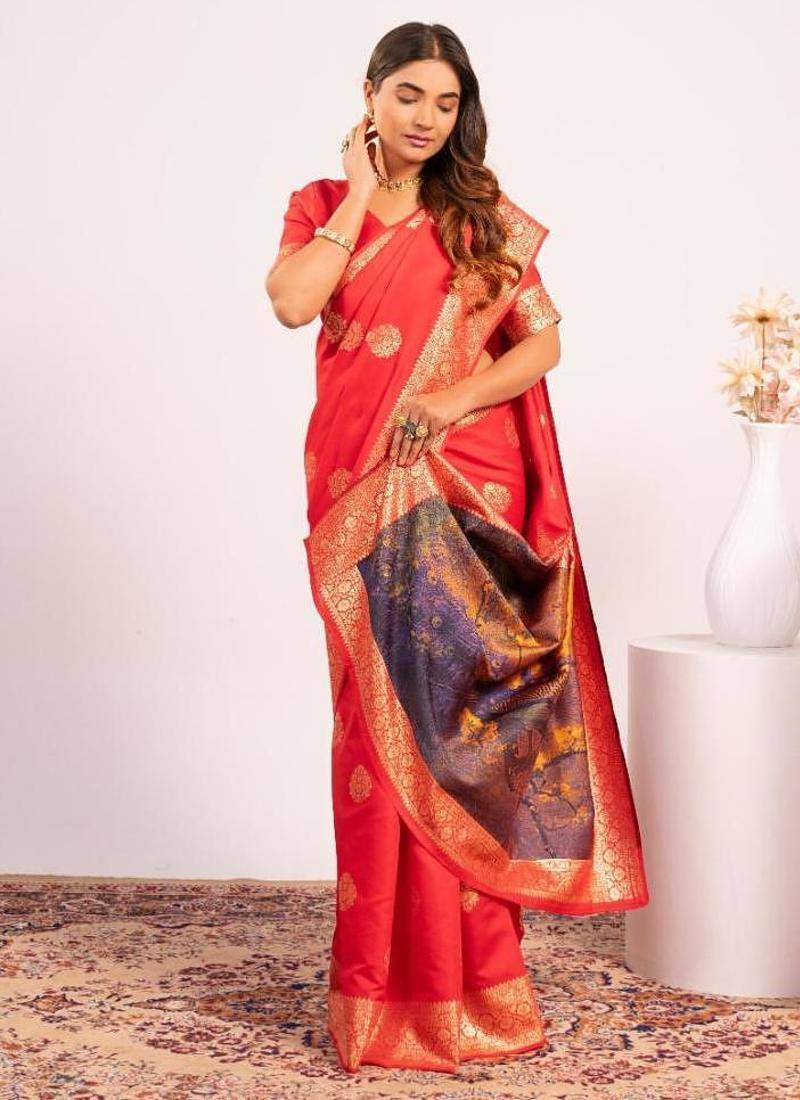 Red color silk blend resham weaves sarees
