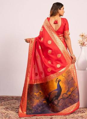 Red color silk blend resham weaves sarees 2