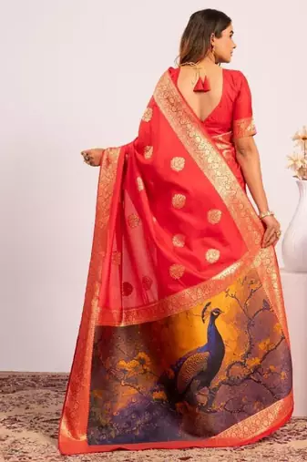 Red color silk blend resham weaves sarees