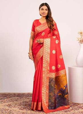 Red color silk blend resham weaves sarees 3