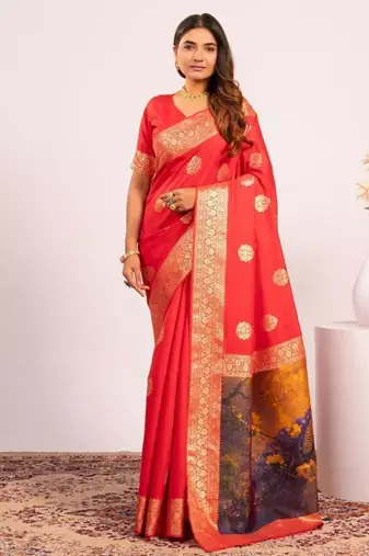 Red color silk blend resham weaves sarees