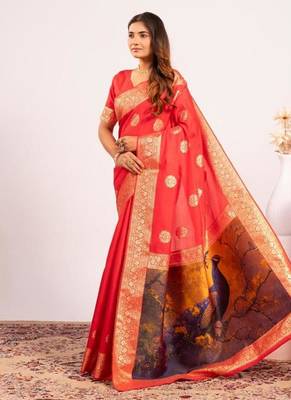 Red color silk blend resham weaves sarees 4