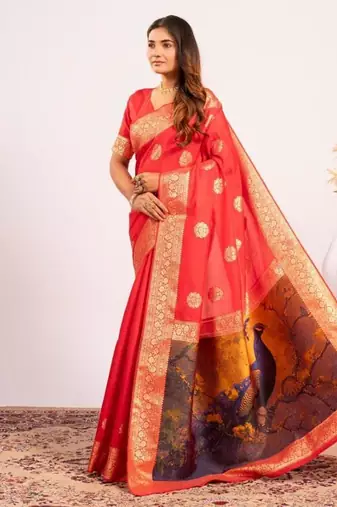 Red color silk blend resham weaves sarees