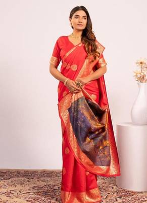Red color silk blend resham weaves sarees 5
