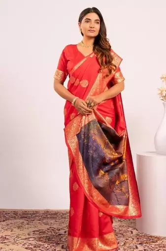 Red color silk blend resham weaves sarees