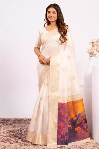 White color silk blend resham weaves sarees