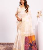 White color silk blend resham weaves sarees