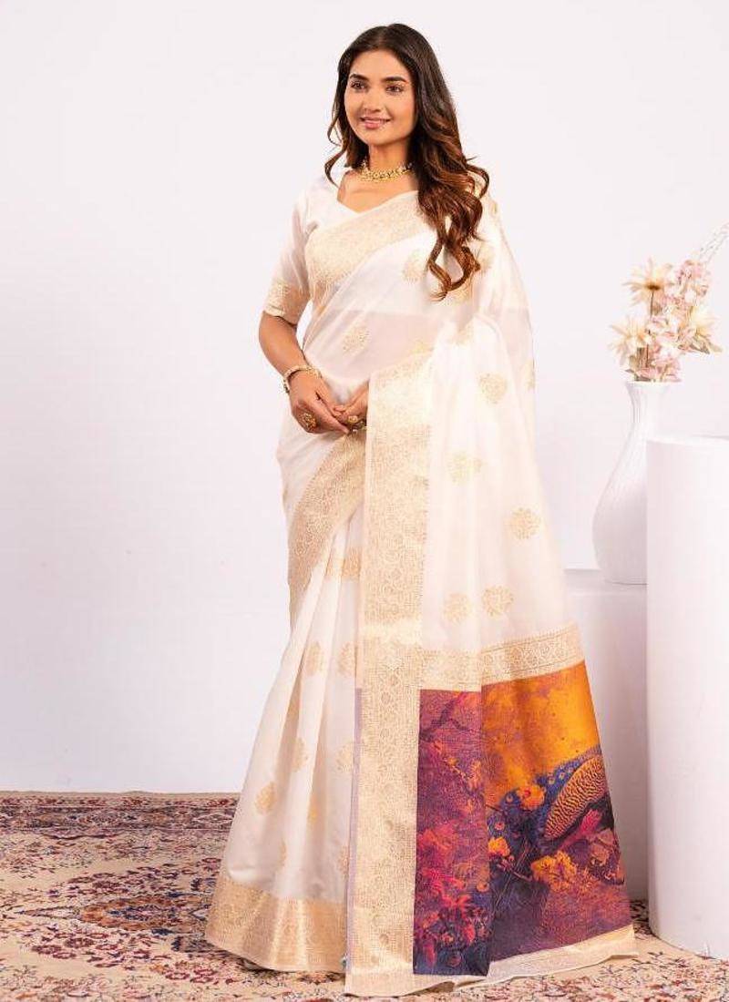 White color silk blend resham weaves sarees