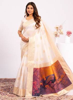 White color silk blend resham weaves sarees 2