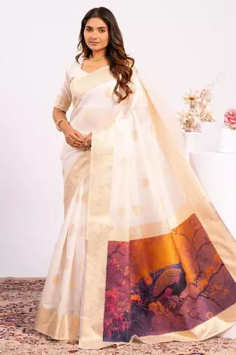 White color silk blend resham weaves sarees
