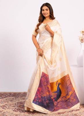 White color silk blend resham weaves sarees 3
