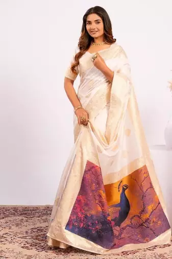 White color silk blend resham weaves sarees