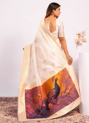 White color silk blend resham weaves sarees 4