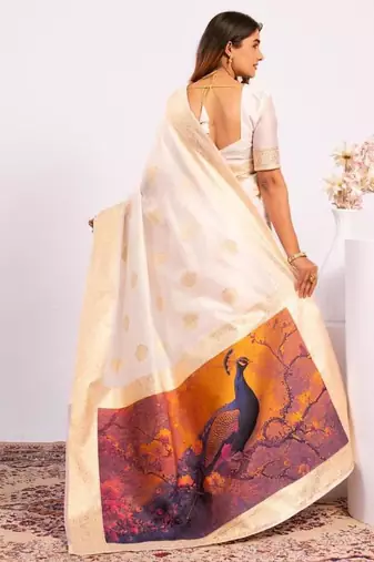 White color silk blend resham weaves sarees