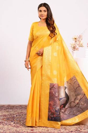 Yellow color silk blend resham weaves sarees