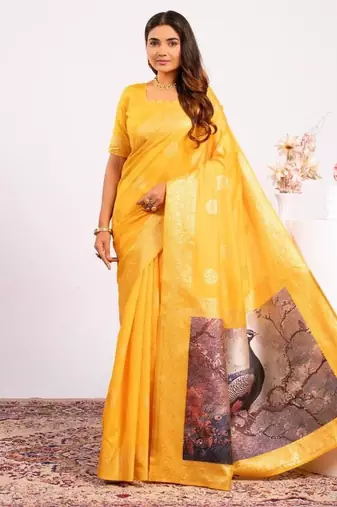 Yellow color silk blend resham weaves sarees
