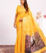 Yellow color silk blend resham weaves sarees