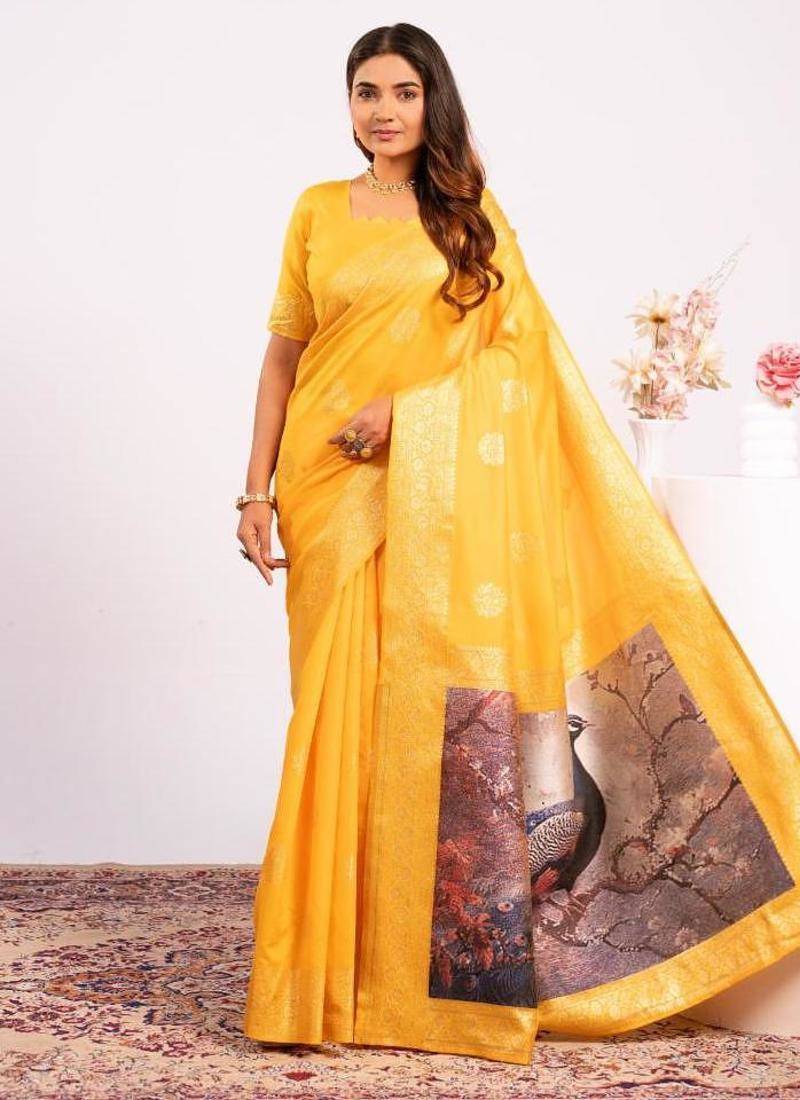 Yellow color silk blend resham weaves sarees