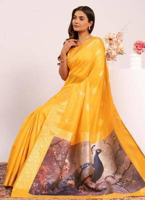 Yellow color silk blend resham weaves sarees 2