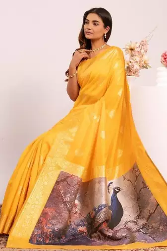 Yellow color silk blend resham weaves sarees
