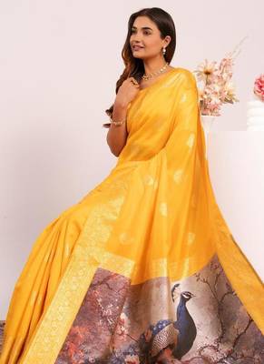 Yellow color silk blend resham weaves sarees 3