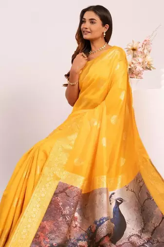 Yellow color silk blend resham weaves sarees