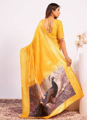 Yellow color silk blend resham weaves sarees 4