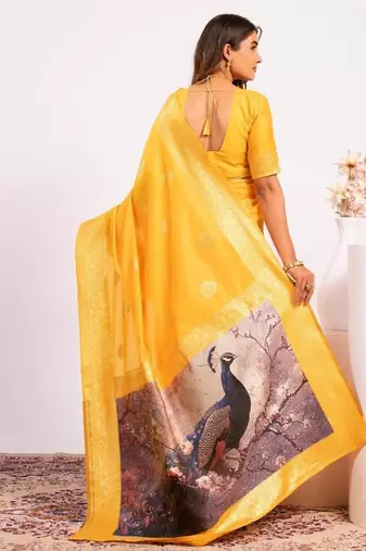 Yellow color silk blend resham weaves sarees