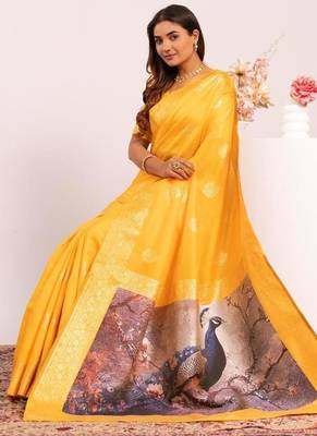 Yellow color silk blend resham weaves sarees 5
