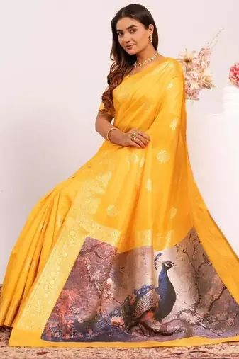 Yellow color silk blend resham weaves sarees