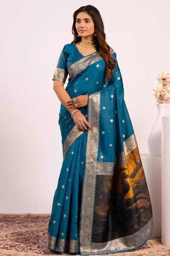 Firozi color silk blend resham weaves sarees