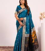 Firozi color silk blend resham weaves sarees