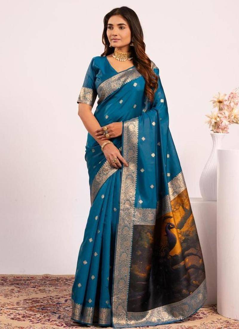 Firozi color silk blend resham weaves sarees