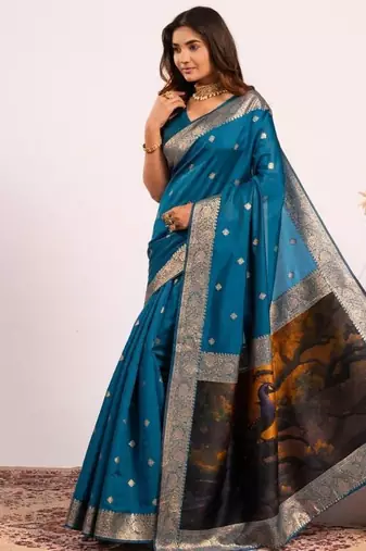 Firozi color silk blend resham weaves sarees