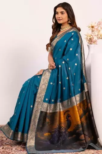 Firozi color silk blend resham weaves sarees