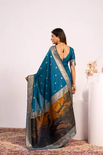 Firozi color silk blend resham weaves sarees