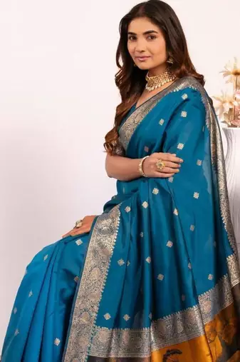 Firozi color silk blend resham weaves sarees