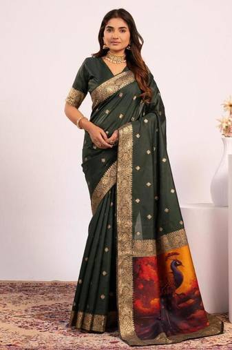 Green color silk blend resham weaves sarees