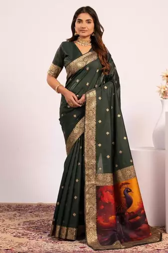 Green color silk blend resham weaves sarees
