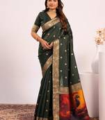 Green color silk blend resham weaves sarees