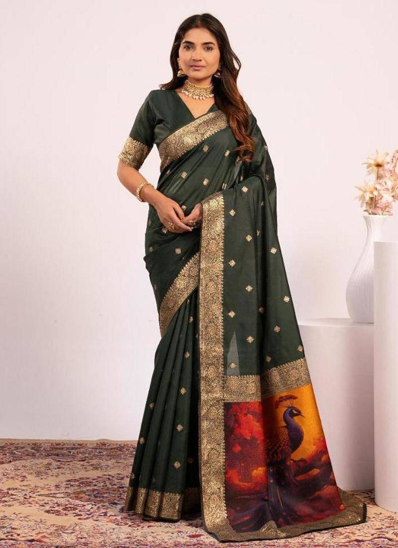 Green color silk blend resham weaves sarees