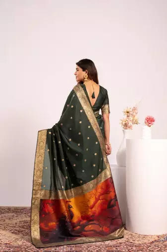 Green color silk blend resham weaves sarees
