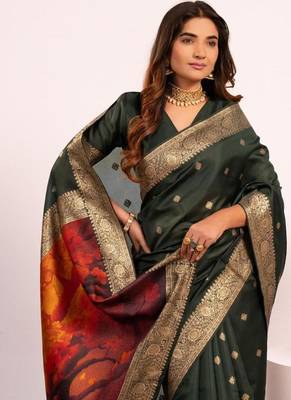 Green color silk blend resham weaves sarees 3