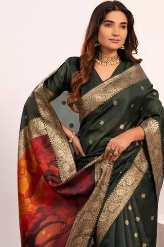Green color silk blend resham weaves sarees
