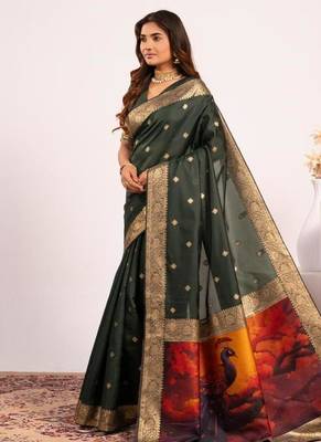 Green color silk blend resham weaves sarees 4