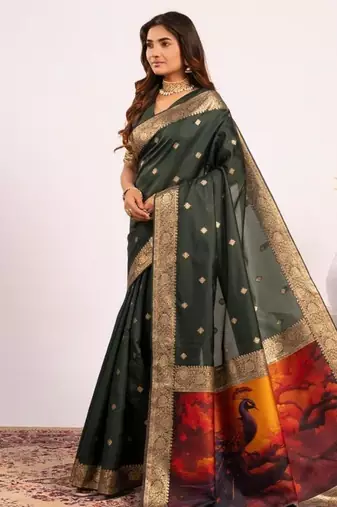 Green color silk blend resham weaves sarees