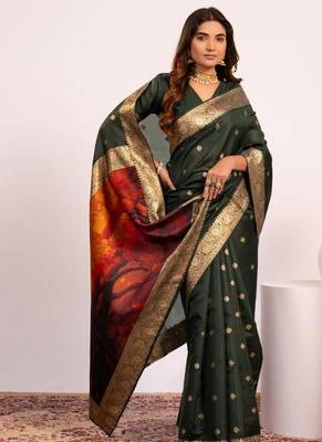 Green color silk blend resham weaves sarees 5